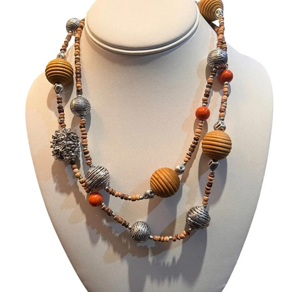 Premier Designs Silver Tone Brown Wood Gemstone Mixed Material Necklace 39" Boho - Picture 8 of 11